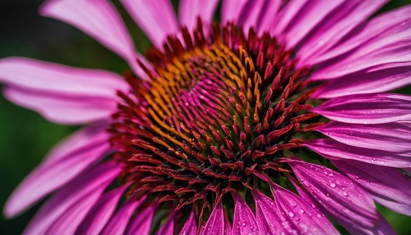 A close up of a pink Standard Process Echinacea flower with water droplets.