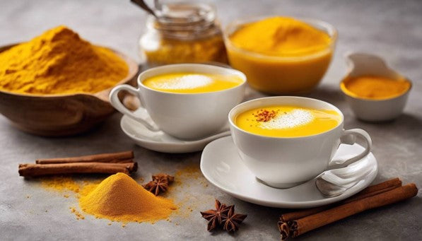 2 tea cups of golden milk with sugar and cinammon on top made with turmeric which provides health benefits