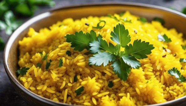 beautiful bowl of golden turmeric rice with parsley sprinkled on top of the rice