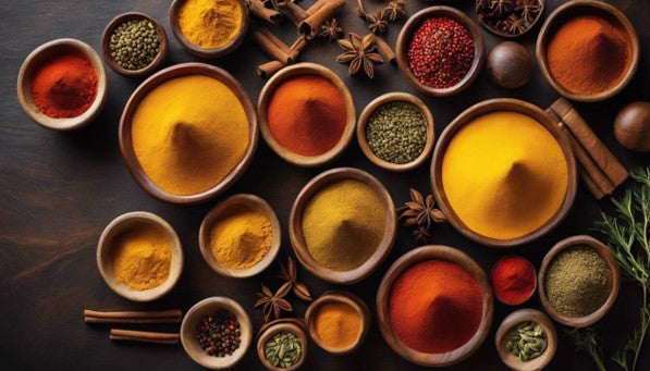 A variety of Turmeric Forte by Standard Process in bowls on a dark background, showcasing their different uses.