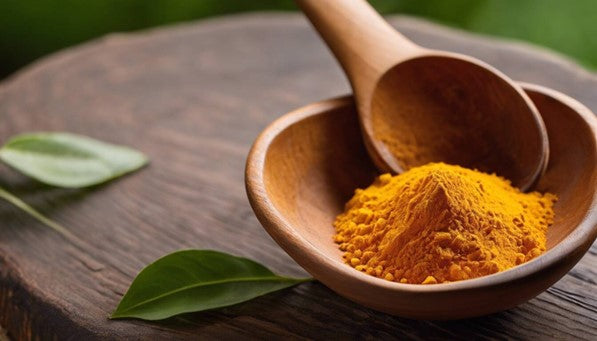 Tumeric powder in a wooden spoon on a wooden table. What is Tumeric?