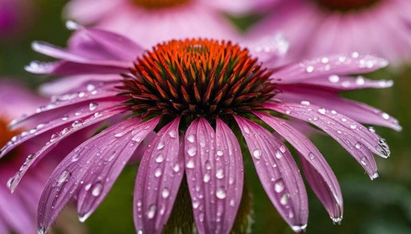 Echinacea glistens with water droplets.