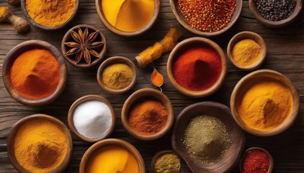 A selection of spices in bowls on a wooden table, including Standard Process's Turmeric Forte.