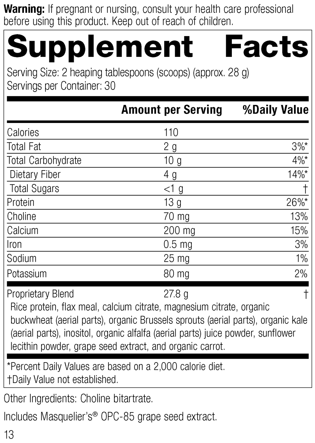 SP Complete® Dairy Free, Rev 11 Supplement Facts