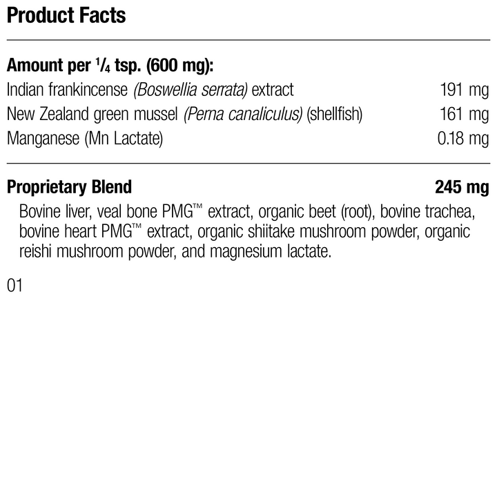 A bottle of Canine Musculoskeletal Support, a powder supplement for dogs’ muscles, ligaments and bone health, next to an image of the powder supplement.